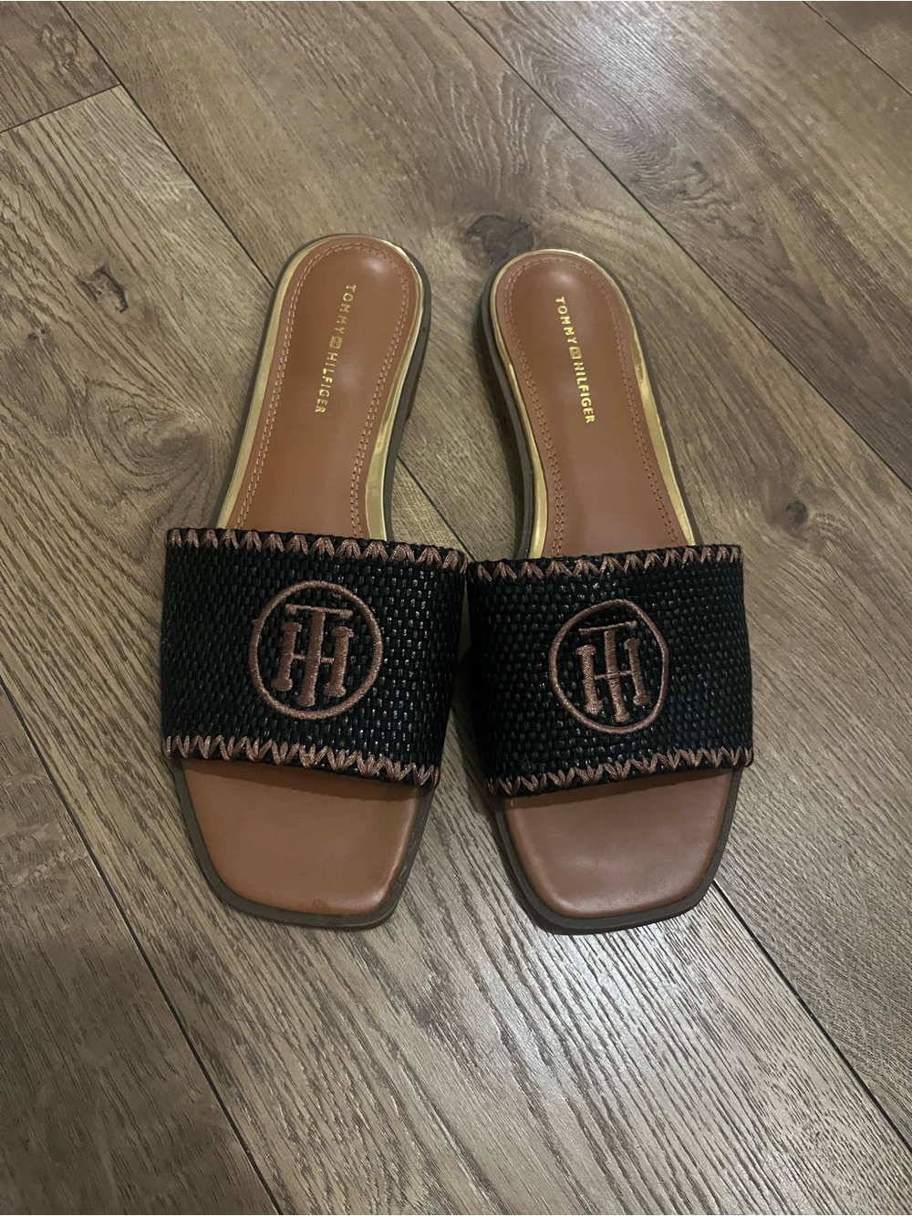 Tommy Hilfiger Black & Brown Braided Slide Sandals